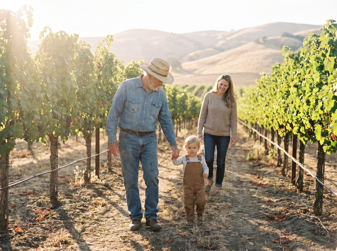 Three generations — grandfather, parent, and grandchild — walking a vineyard together at golden hour