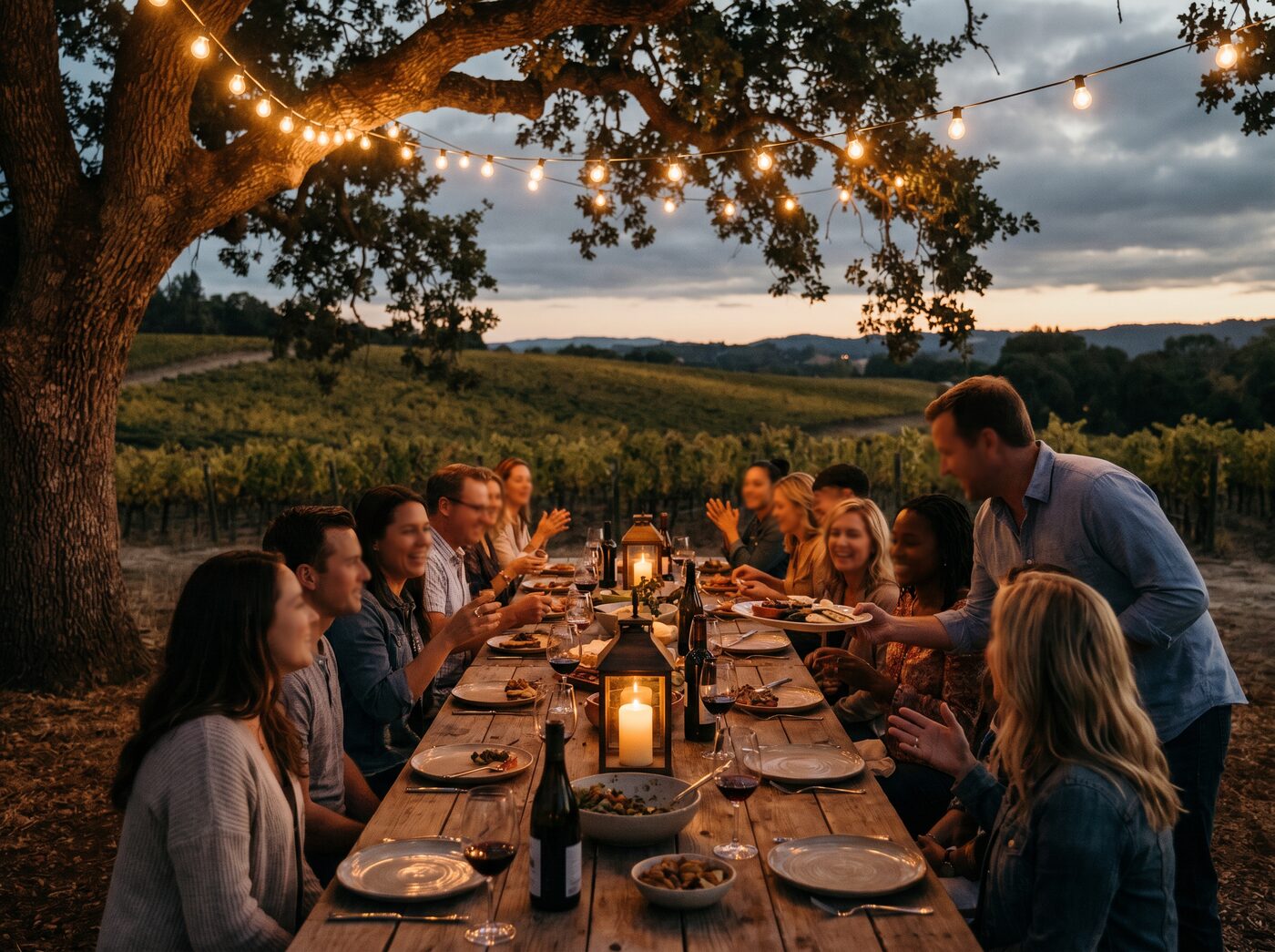 Clients and advisors gathered around a harvest table in Wine Country