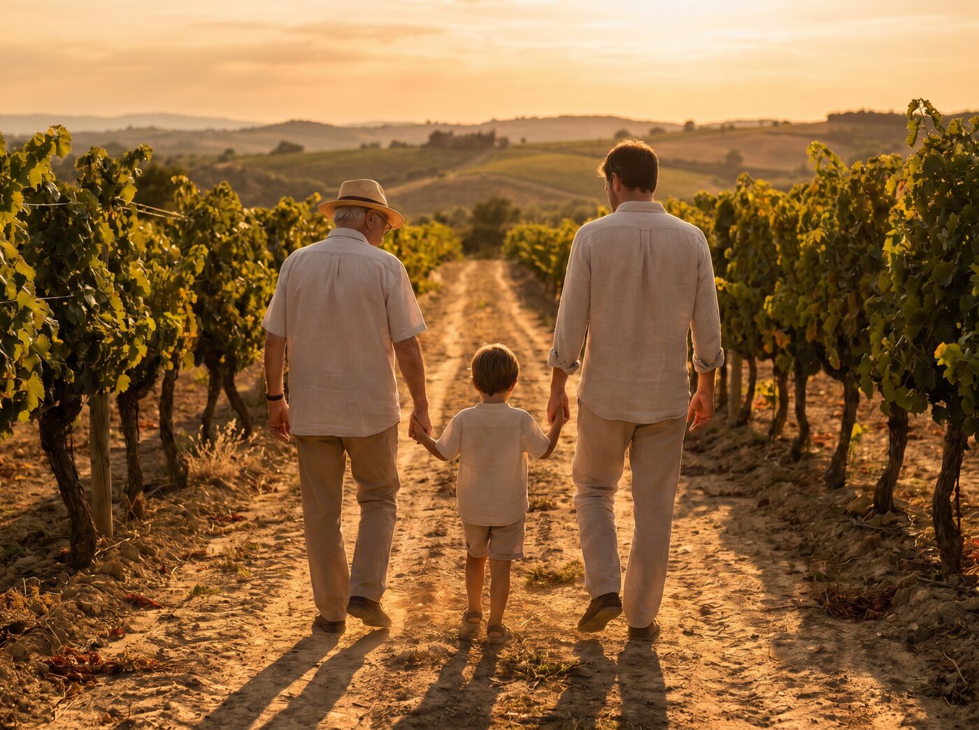 Three generations walking together down a vineyard path at golden hour