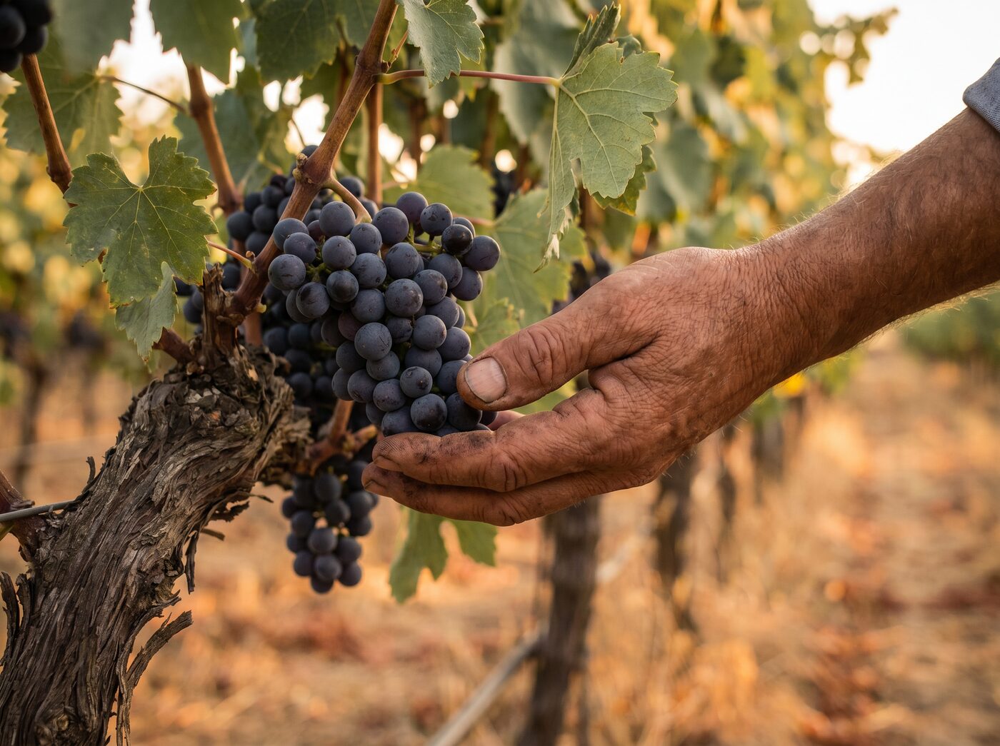 A vintner's hand cradling ripe grapes on the vine at golden hour