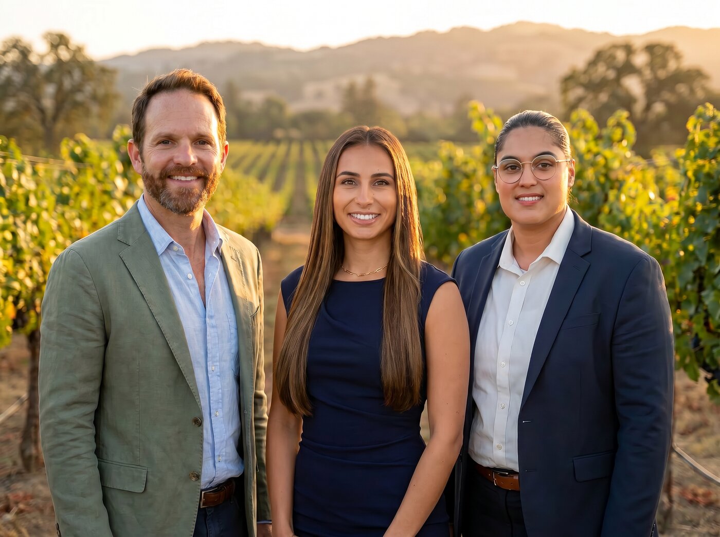 The Wine Country Wealth team — Stevan Dority, Karrisa Marinez, and Shikha Midha — in a Healdsburg vineyard